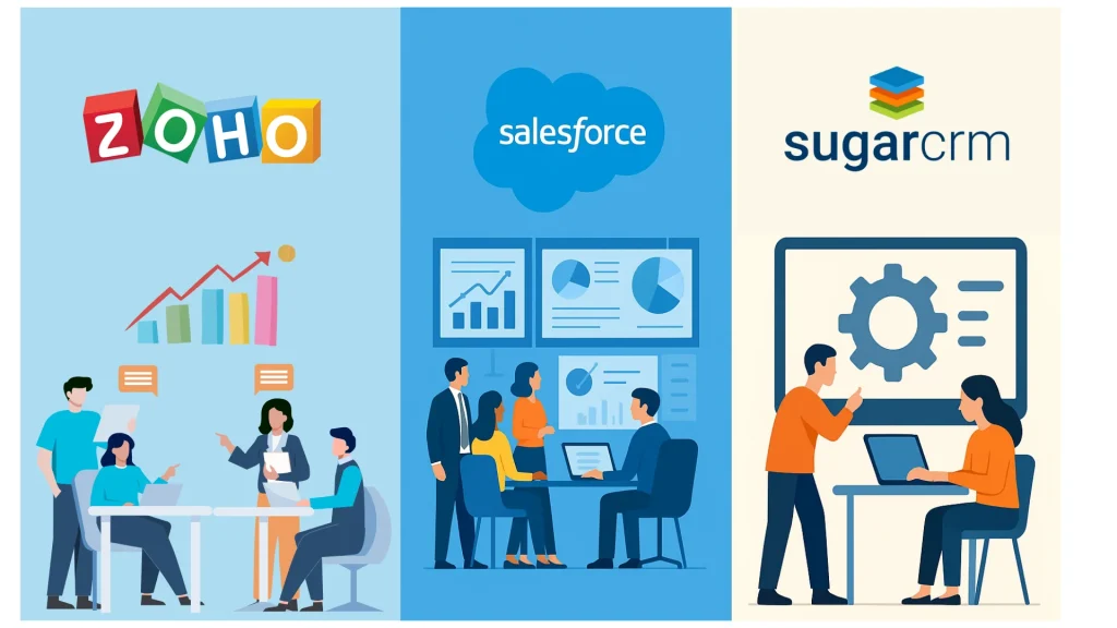 ZOHO vs Salesforce vs SugarCRM - Comparison of top CRM platforms for business management and customer relationship solutions