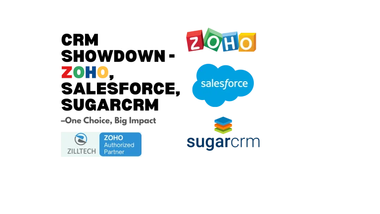 Detailed comparison chart of Zoho CRM vs Salesforce vs SugarCRM showing key features, pricing tiers, and ideal use cases for each platform