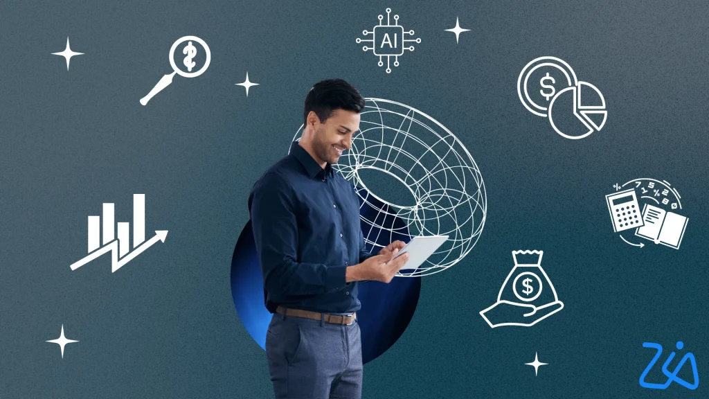 How Zoho's AI Assistant Zia Is Transforming Accounting in 2025 (And How You Can Benefit) Illustration of Zoho Zia AI assistant managing multiple accounting tasks