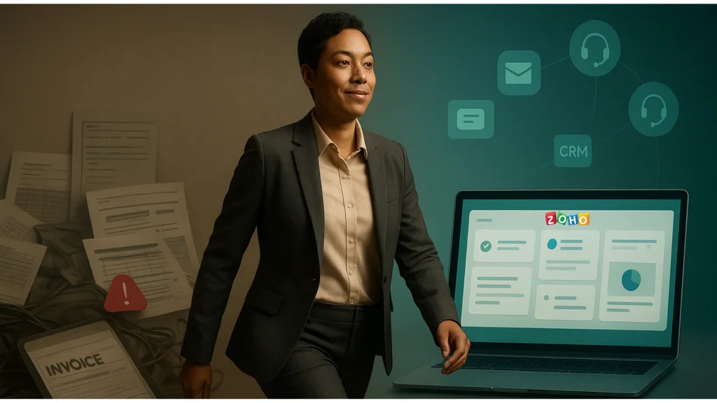 Business professional transitioning from outdated tools like spreadsheets and QuickBooks to modern Zoho software solutions
