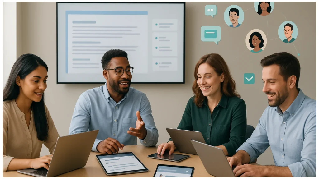 Diverse business team collaborating using Zoho CRM and integrated tools on laptops and tablets
