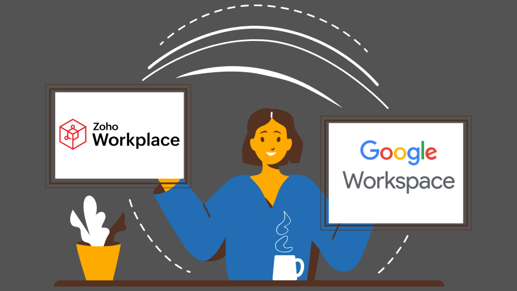 Illustration showing Zoho Workplace and Google Workspace logos with a business professional comparing the two suites