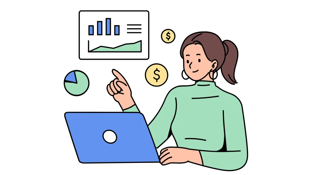 Professional woman working on laptop with Zoho Analytics charts