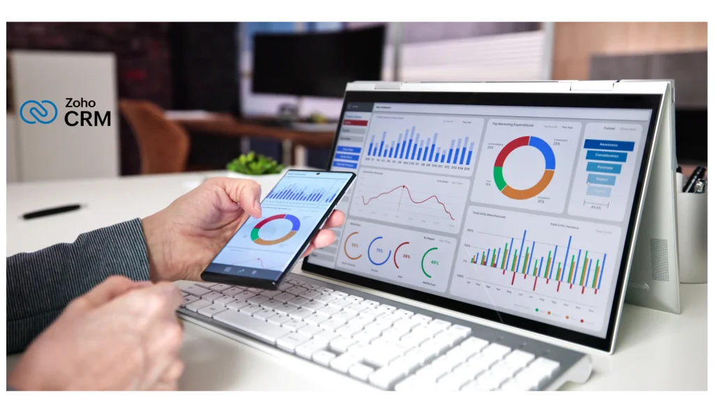 Zoho CRM blueprint automation displayed on a digital dashboard screen