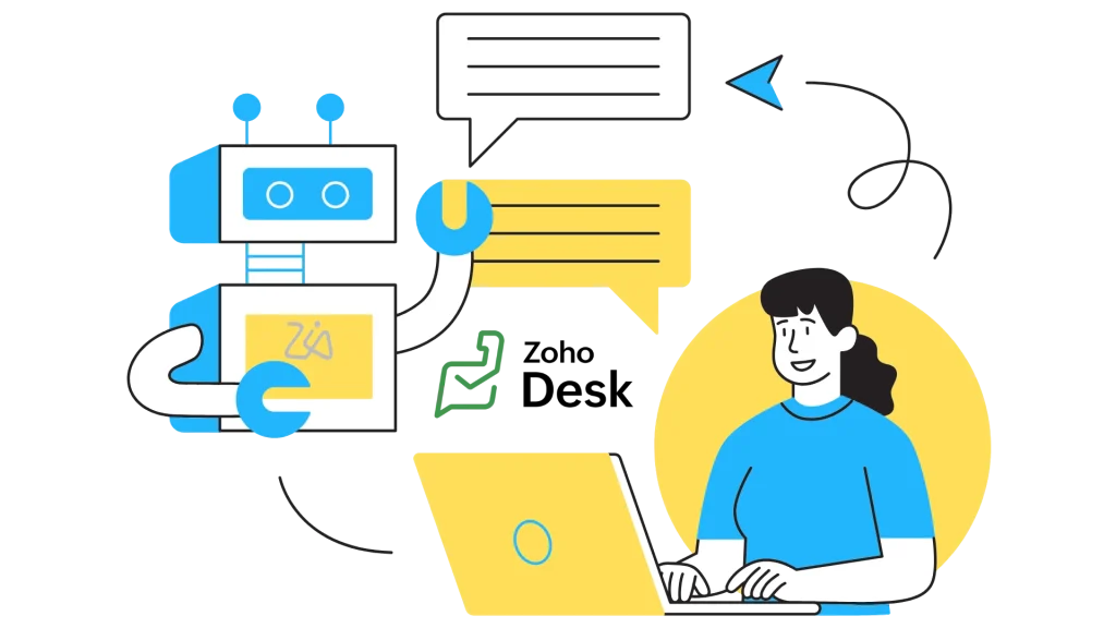 Zoho Desk chatbot assisting a customer with common support queries on a helpdesk interface