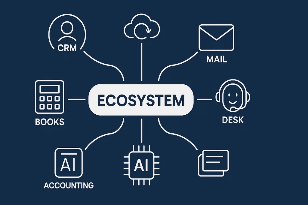 Zoho app ecosystem showing CRM Books Mail and Desk interconnected for workflow automation