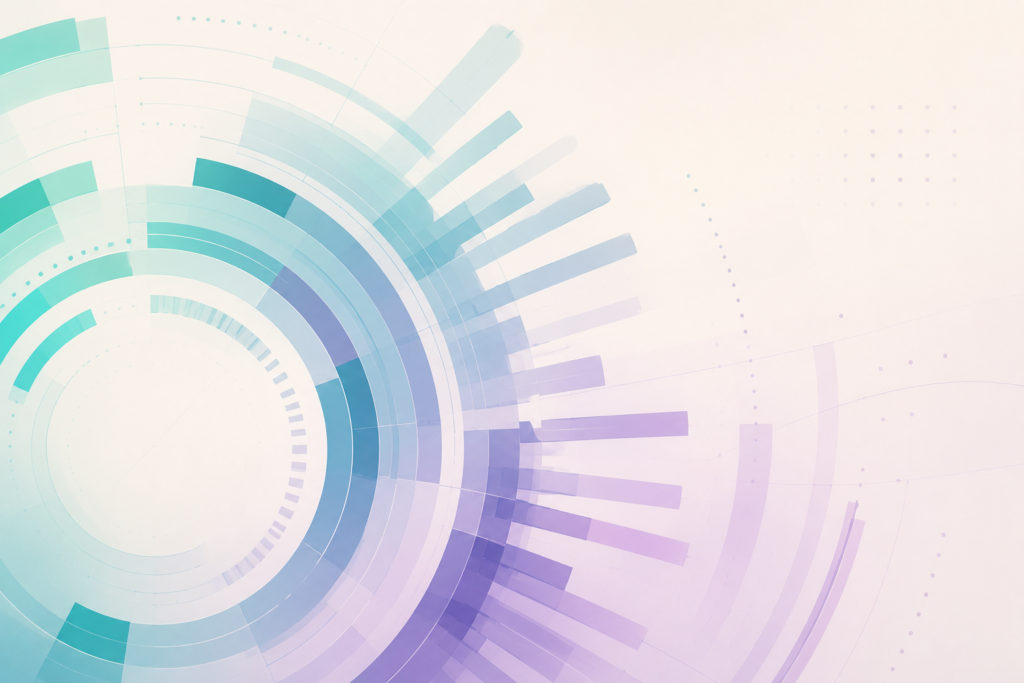 Abstract technology-inspired background featuring layered teal, blue, and purple concentric circles with geometric shapes
