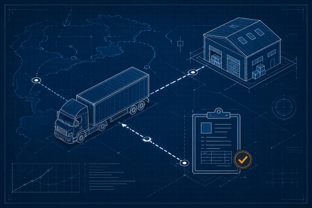 Technical blueprint-style illustration showing a freight truck traveling between locations with a warehouse and verified shipping documents connected by route lines