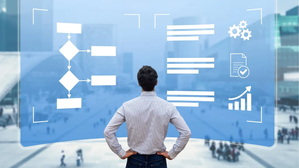 Business professional analyzing a digital flowchart on a transparent screen with data charts and workflow icons