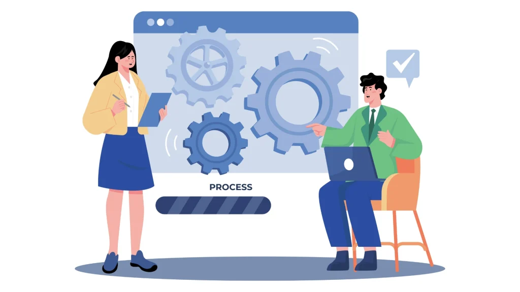 Flat illustration of two people discussing workflow optimization with giant gears and process icons on a screen