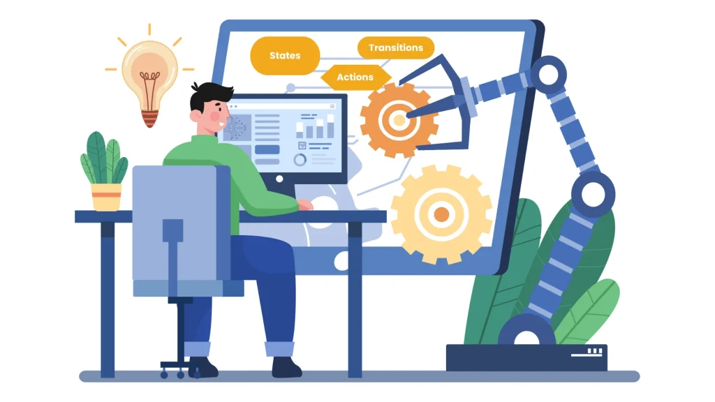 Illustration of automation concept with a professional using technology and gears symbolizing CRM automation and efficiency