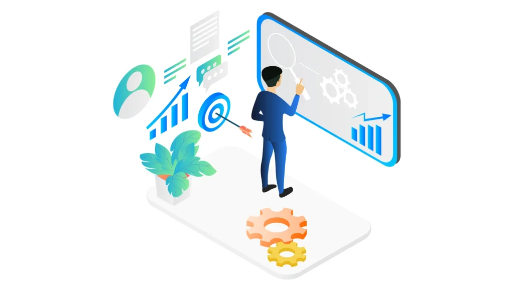 Isometric illustration of a professional designing workflow with digital charts graphs and process automation tools