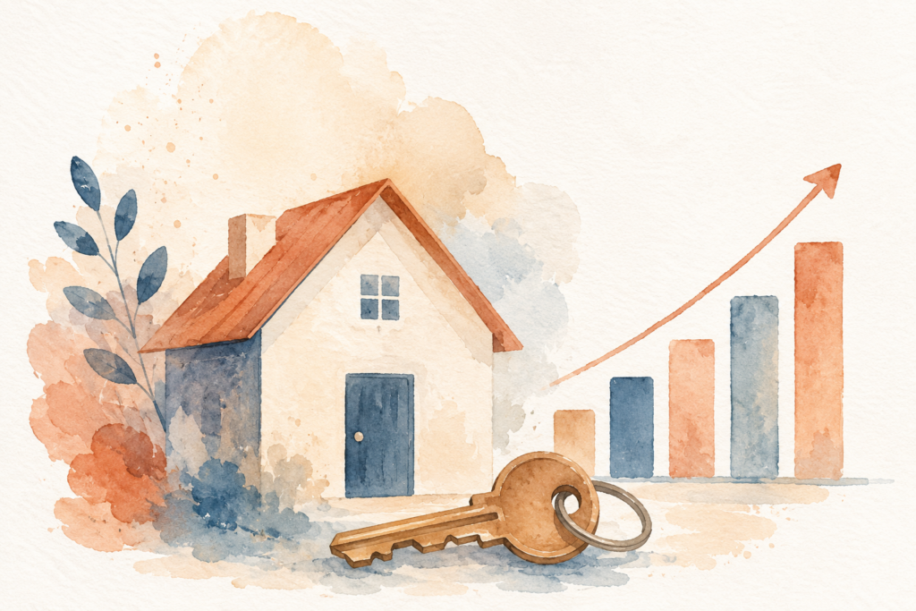 Watercolor illustration of a house with a key in the foreground and an upward-trending bar chart in the background