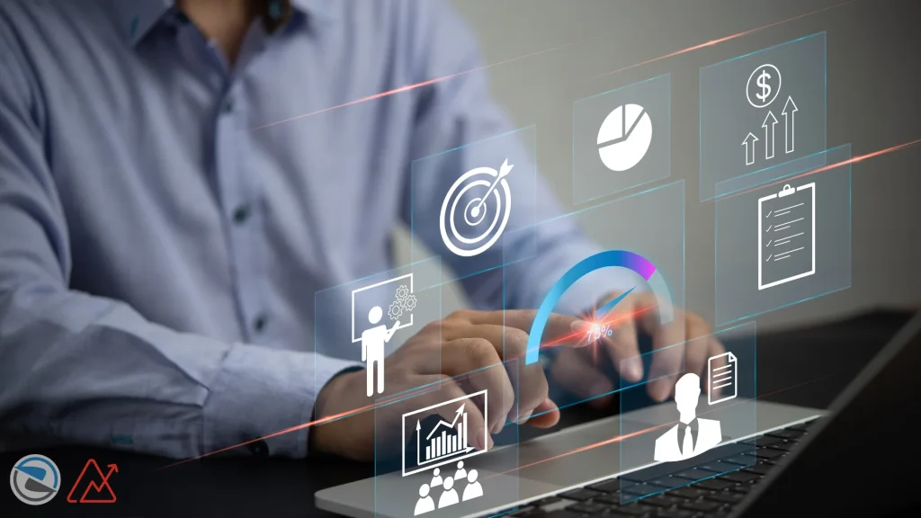 Business professional using digital sales dashboard icons on a laptop symbolizing action planning and smart sales tracking