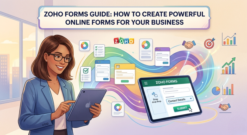 A professional woman designing a Zoho Form on a tablet, showing a drag-and-drop interface with business icons and data charts in the background.