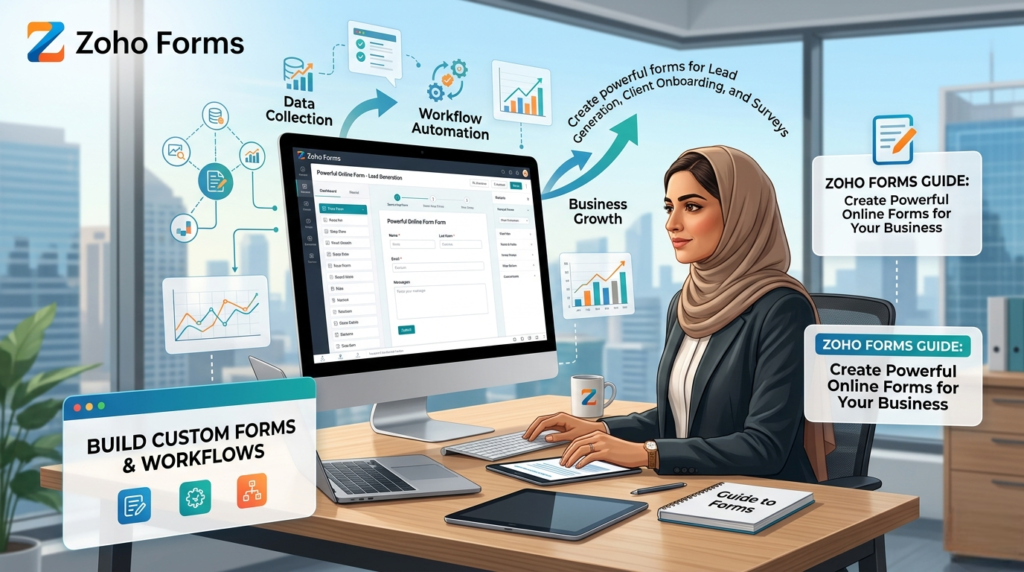 A professional woman working on a computer screen showing lead generation form builder, with icons for data collection and workflow automation