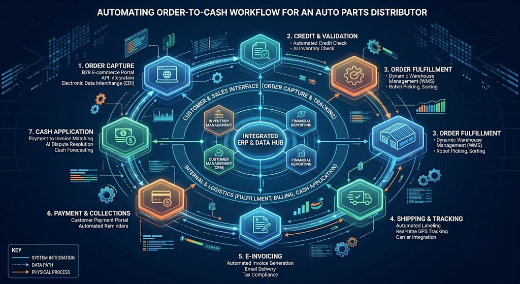 An infographic diagram detailing a 7-step automated "Order-to-Cash Workflow for an Auto Parts Distributor.