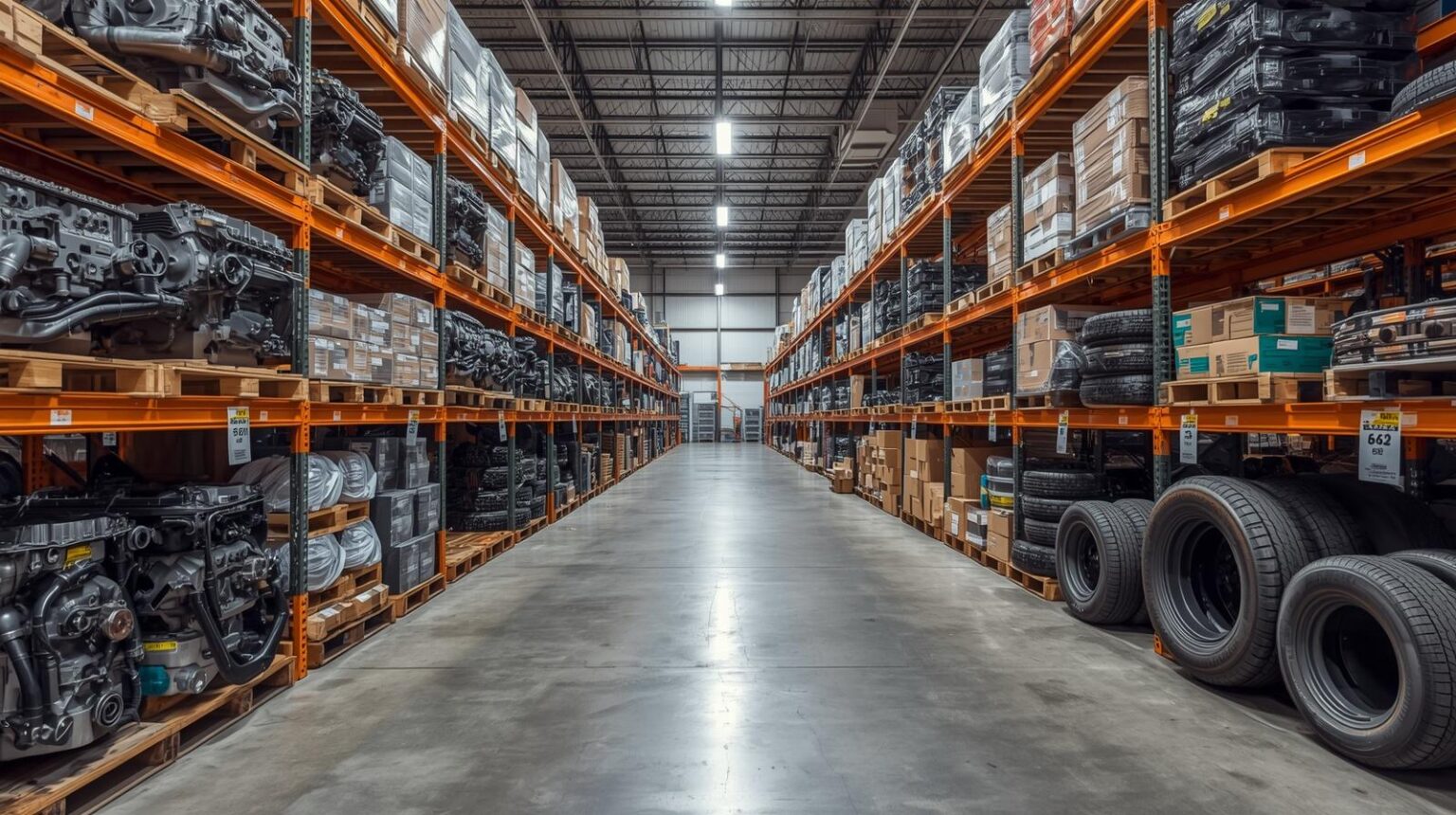 High-density industrial shelving filled with automotive parts and tires inside a large warehouse distribution center.