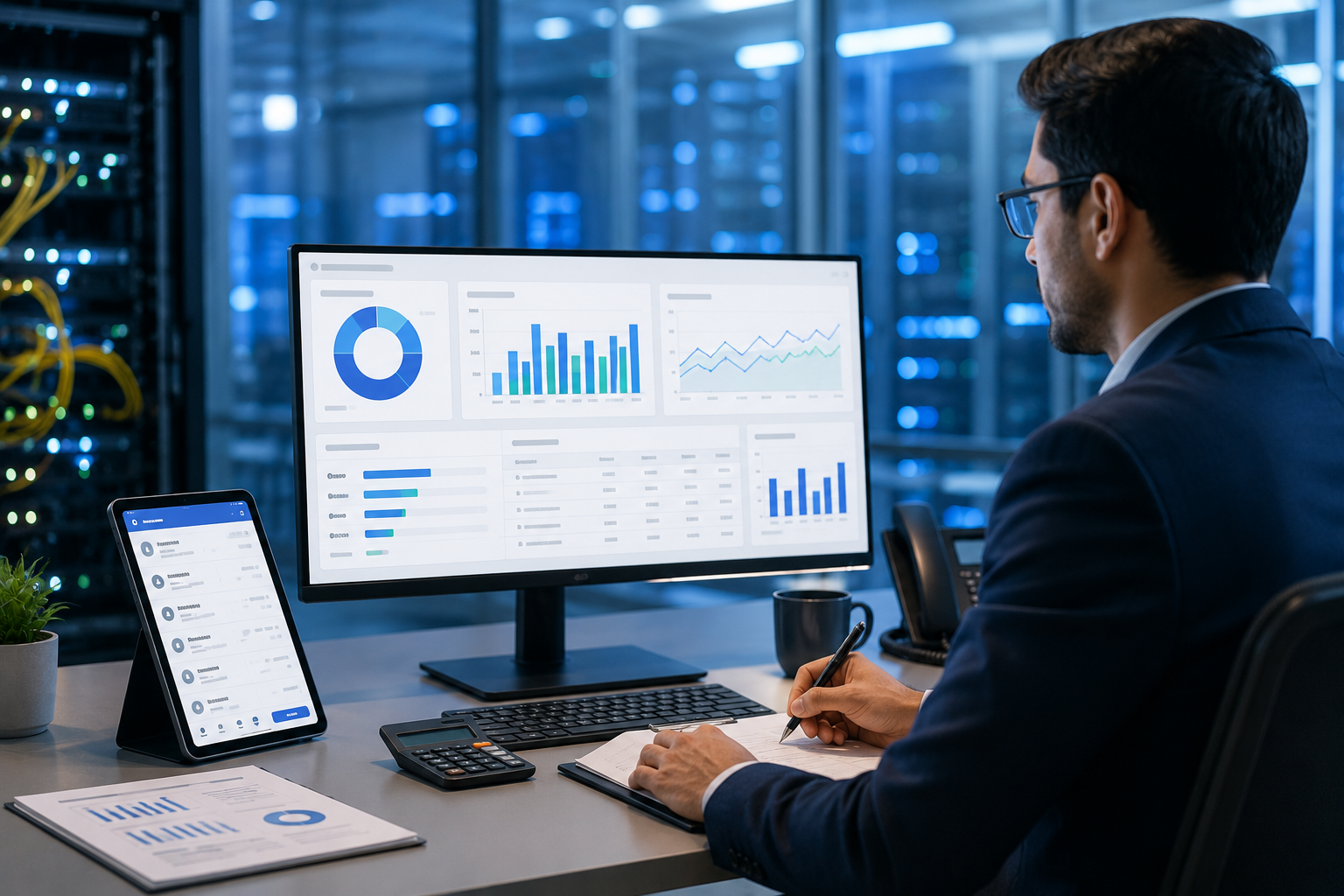 Business professional reviewing an analytics dashboard on a widescreen monitor in a modern office