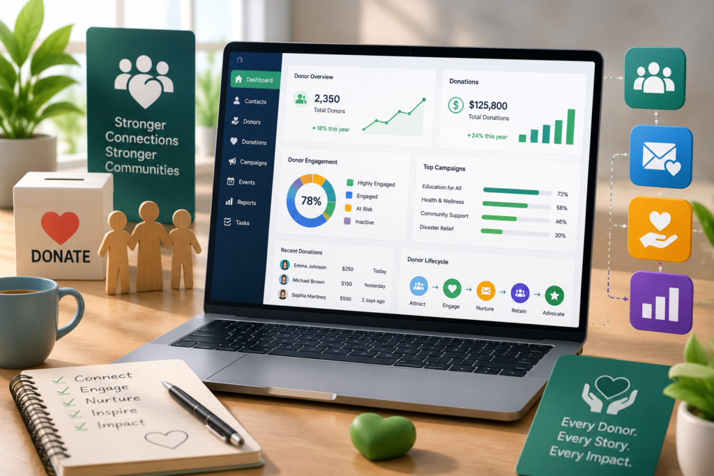 Nonprofit CRM dashboard showing donor engagement and donation tracking