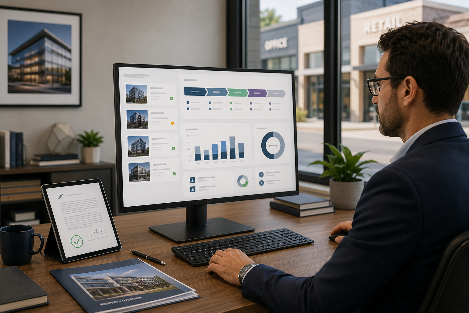 Commercial real estate professional reviewing a property management dashboard on a desktop monitor with a digital lease document on a tablet