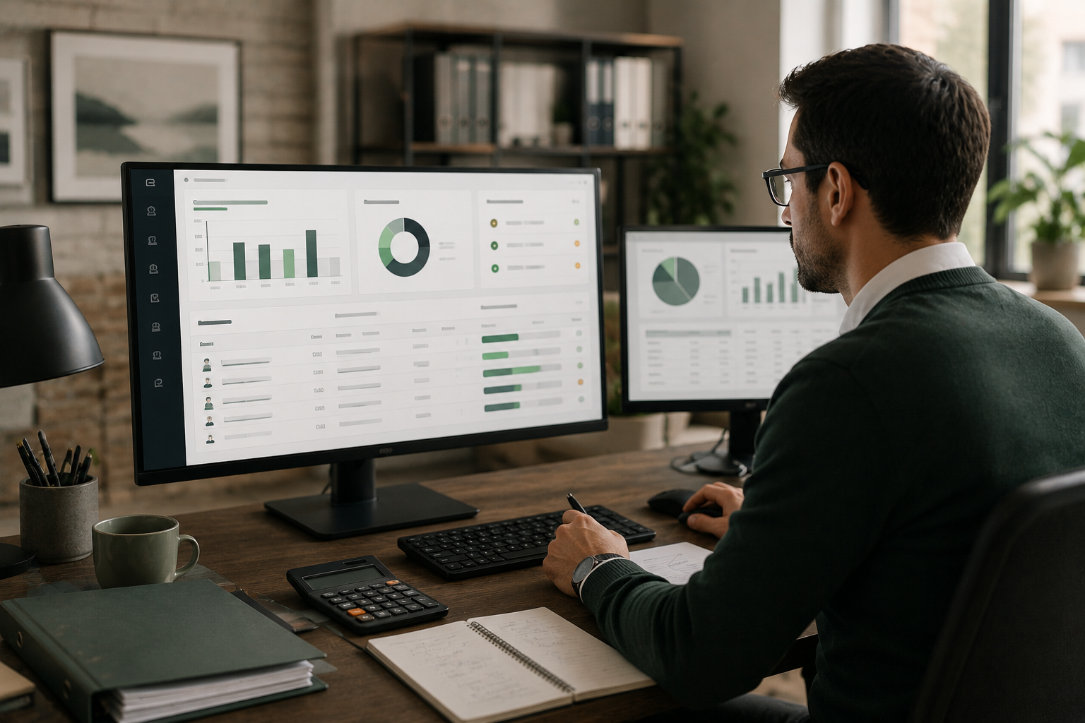 Business professional analyzing financial and operational performance on dual monitors displaying dashboards with charts