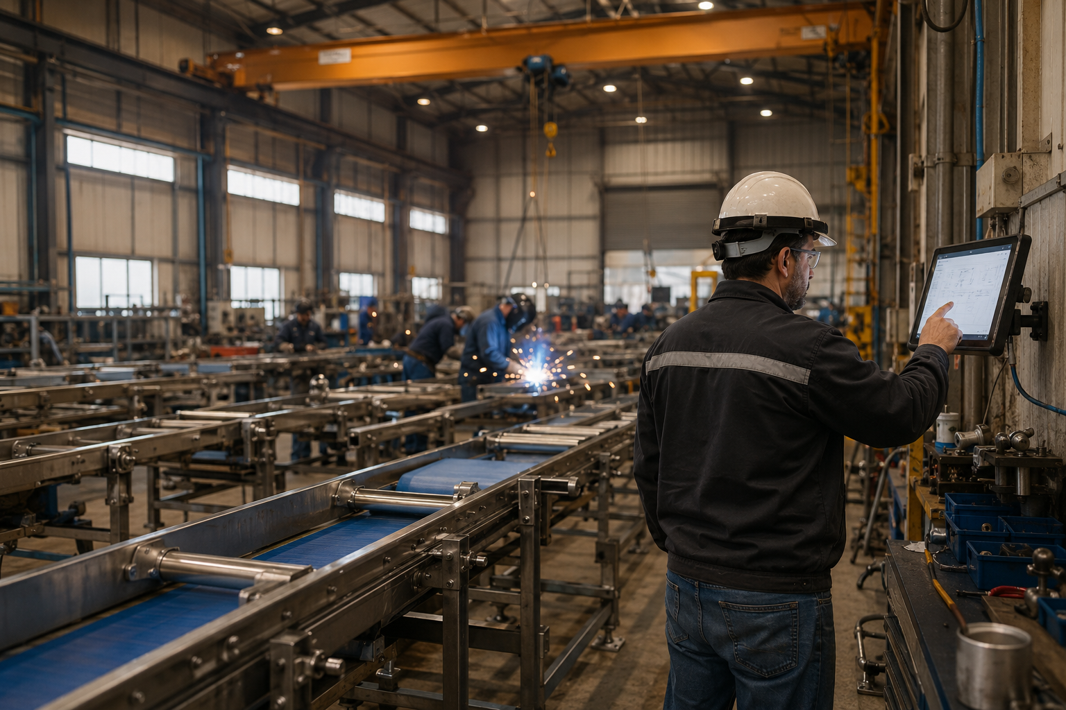 Industrial engineer using a tablet on a manufacturing floor beside a conveyor system