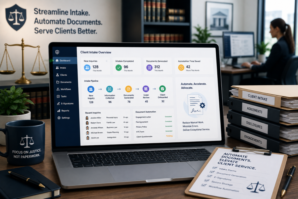 Law firm workspace featuring a laptop with a client intake and document automation dashboardLaw firm workspace featuring a laptop with a client intake and document automation dashboard