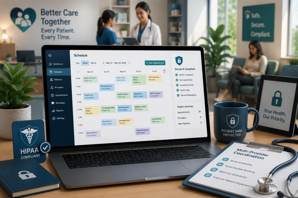 Laptop displaying a HIPAA-compliant patient scheduling dashboard with a appointment calendar