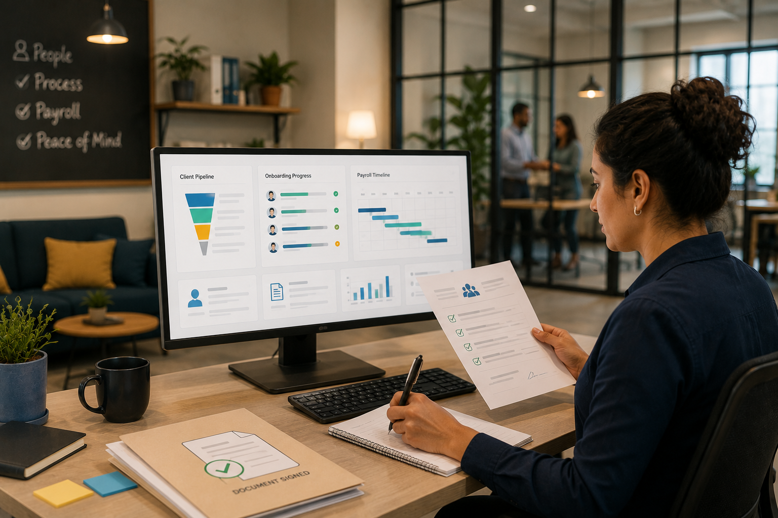 HR professional reviewing employee onboarding documents while monitoring a payroll and HR operations dashboard displaying client pipeline stages