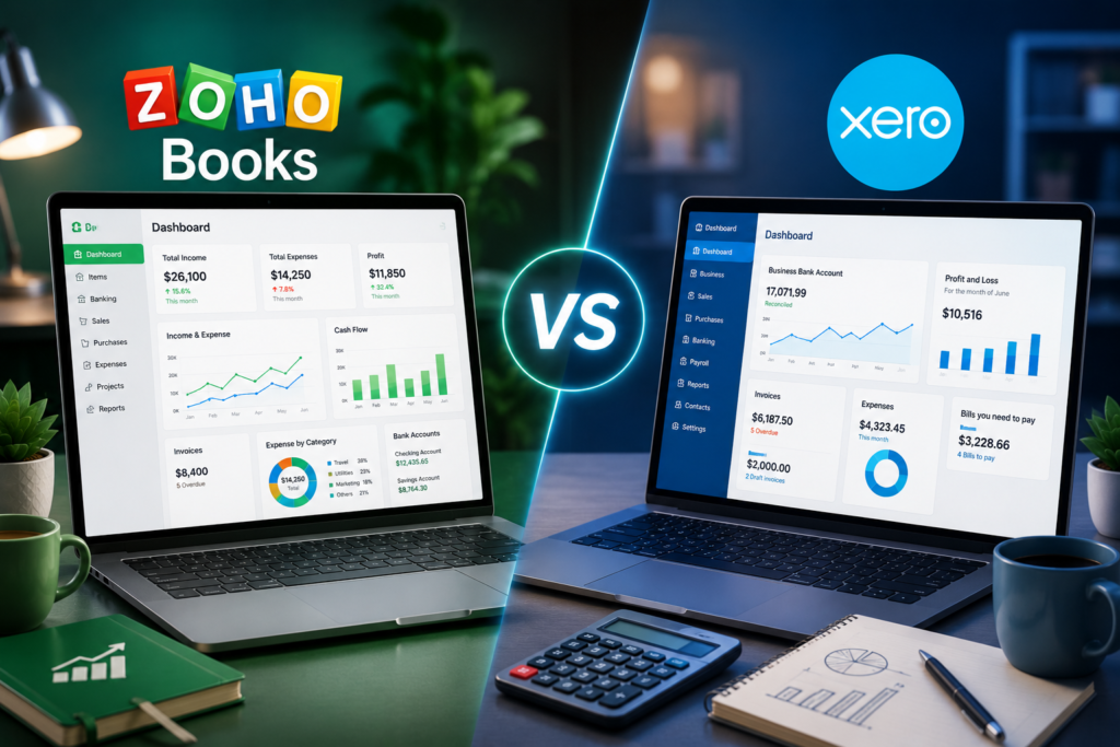 Zoho Books vs Xero dashboard comparison for small business accounting