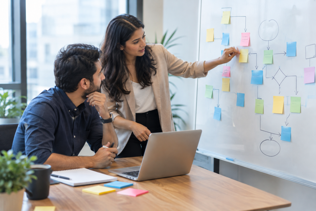 Two colleagues mapping a business process on a whiteboard during a Zoho discovery session