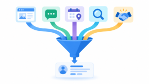 Illustration of several lead channels flowing into a single CRM lead record