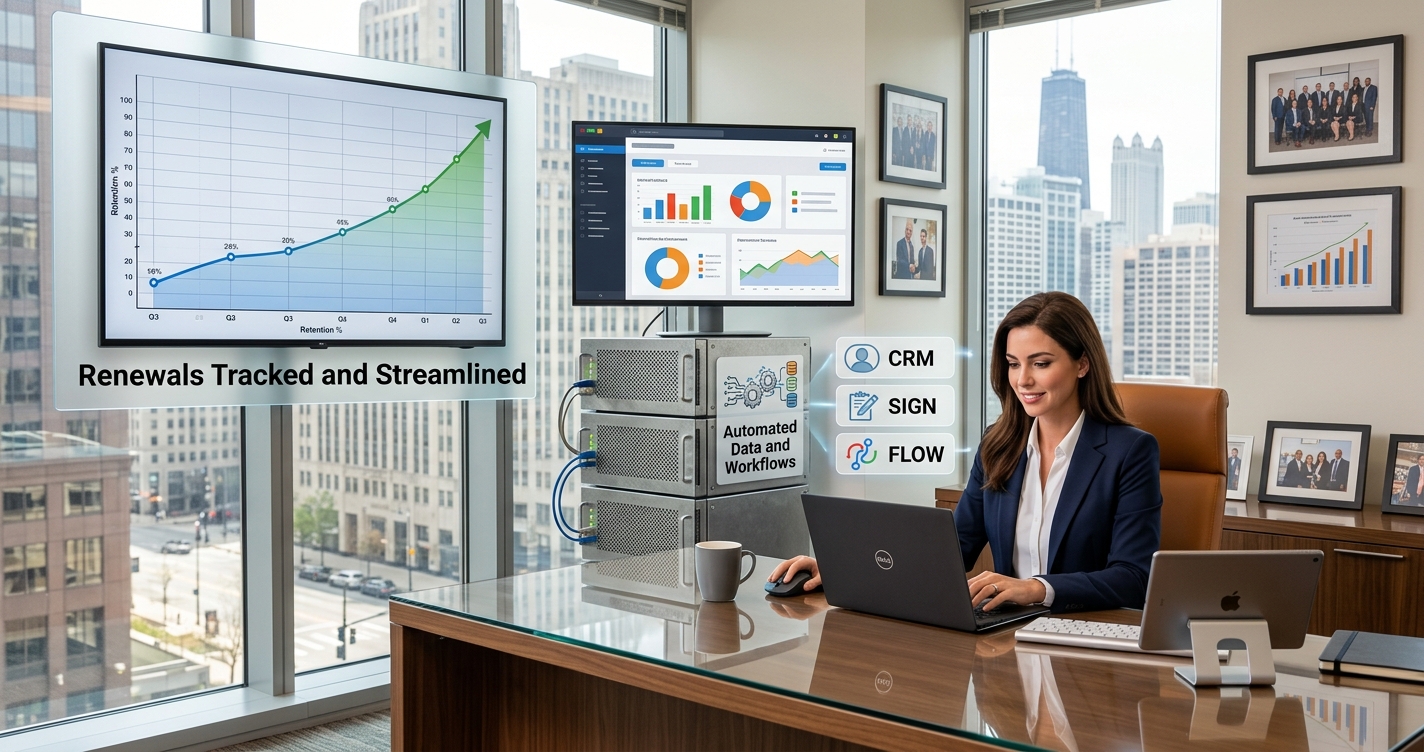 Businesswoman managing CRM automation, renewal tracking, and workflow analytics in a modern office.