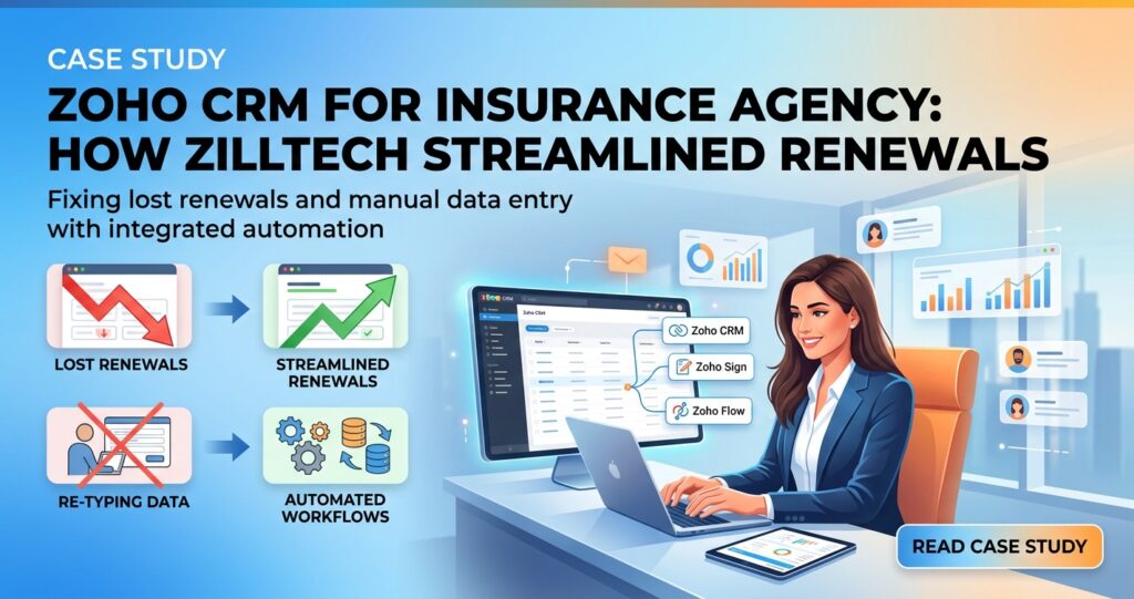 Insurance agent reviewing a policy renewal pipeline in Zoho CRM