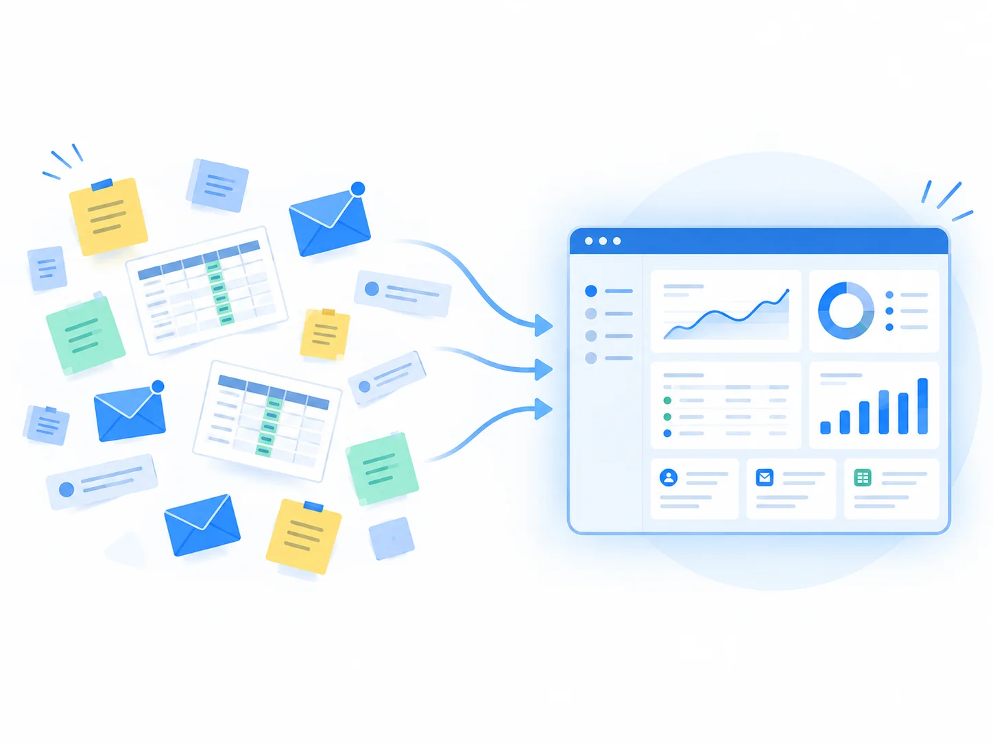 Illustration of scattered business data consolidating into one organized sales dashboard